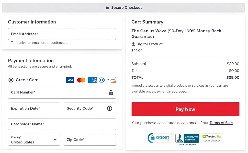 The Genius Wave secure checkout page